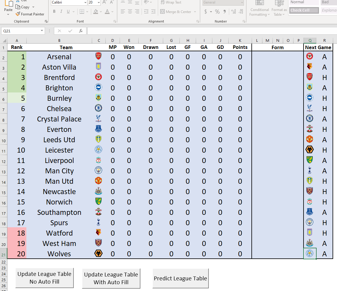 Premier League Table In Excel with Monte Carlo Predictions Excel4Soccer